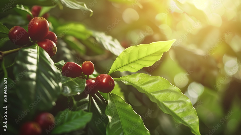 Obraz premium The Arabica coffee plant with its lush green leaves and ripening red fruit shows its natural beauty and potential as a source of caffeine 