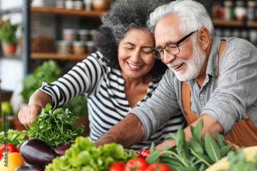 Senior couple cocking fresh vegetables and greens at the kitchen