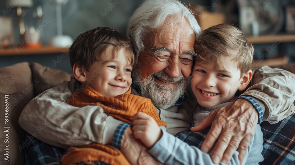 Adorable moment of a grandfather hugging his two grandsons while sitting together on the sofa. Adorable moment of a grandfather hugging his two grandsons while sitting together on the sofa.