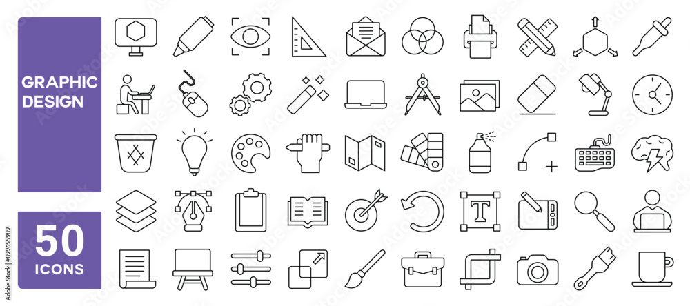 Set of 50 line icons related to graphic design, draw, creativity, sketching, illustration, palette, painting, Editable stroke. Vector illustration Set of 50 line icons related to graphic design, draw, creativity, sketching, illustration, palette, painting, Editable stroke. Vector illustration
