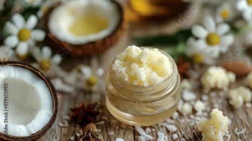 Shea butter, coconut oil, beeswax, essential oils, natural cosmetic ingredients, still life, skin care consept 