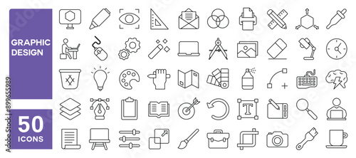 Set of 50 line icons related to graphic design, draw, creativity, sketching, illustration, palette, painting, Editable stroke. Vector illustration