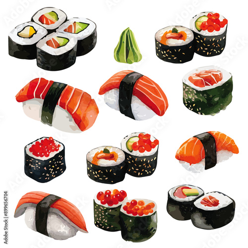 A variety of sushi and nigiri pieces with fresh fish, rice, seaweed, and wasabi, showcasing traditional Japanese cuisine. Assorted Sushi and Nigiri Selection


