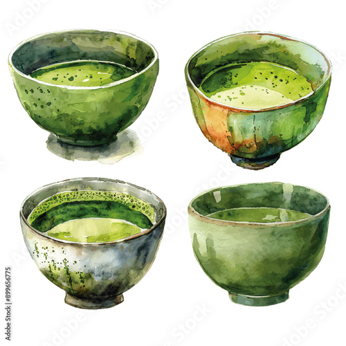 Four ceramic bowls filled with vibrant matcha green tea, showcasing the traditional Japanese tea ceremony and the art of tea making. Ceramic Bowls of Matcha Green Tea

