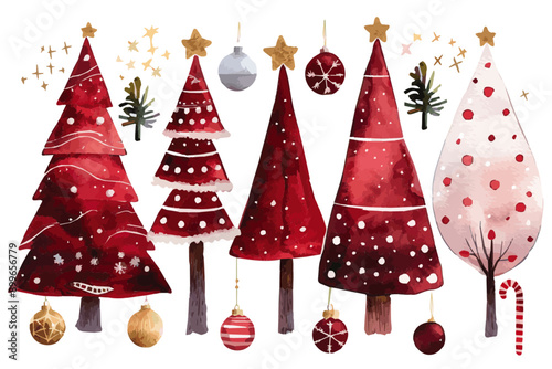 Illustration of red Christmas trees adorned with ornaments and stars, featuring a festive and whimsical holiday theme. Red Christmas Trees with Ornaments and Stars

