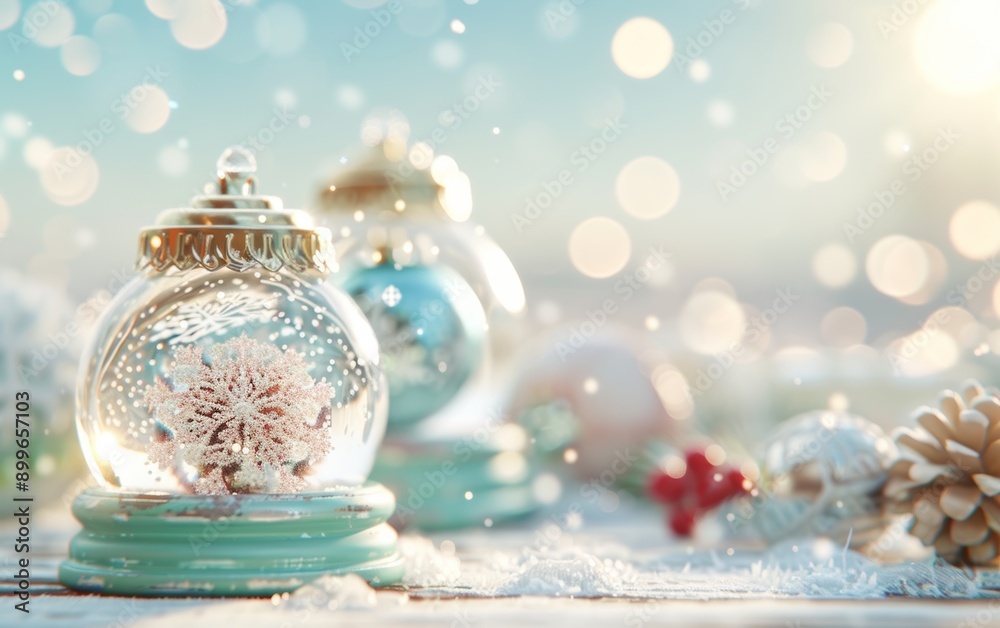 A serene holiday scene featuring snow globes with snowy trees, creating a magical winter ambiance. A serene holiday scene featuring snow globes with snowy trees, creating a magical winter ambiance.
