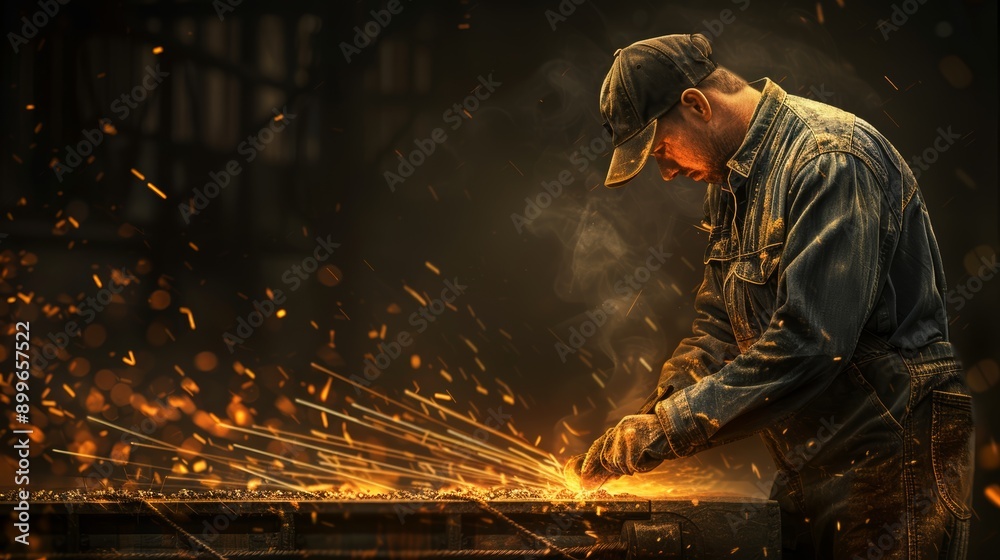 A skilled metalworker shaping molten metal with precision, surrounded by sparks and smoke in a deep industrial setting. A skilled metalworker shaping molten metal with precision, surrounded by sparks and smoke in a deep industrial setting.