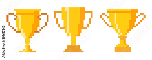 Golden pixel trophy cup isolated on white background. Symbol of Victory. Flat design. Vector illustration.