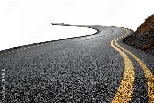 A winding asphalt road with yellow lines isolated on a white background