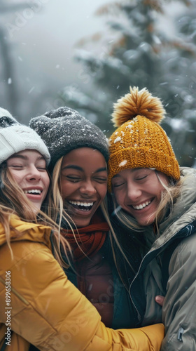 Joyful Friends Embracing in a Snowy Forest During Winter