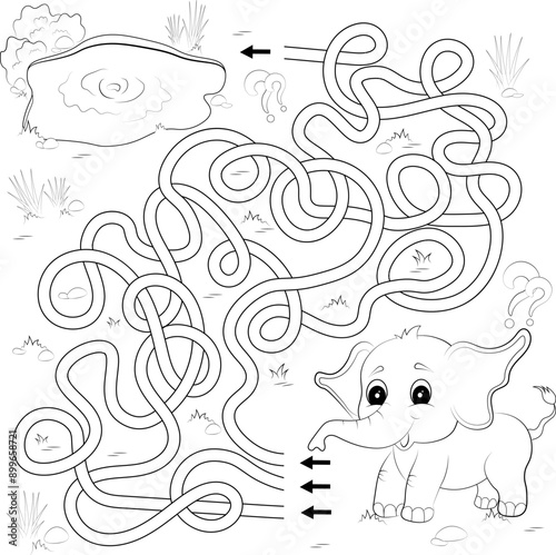 Labyrinth or maze game. Puzzle for kids. Help the elephant find his way to the watering hole