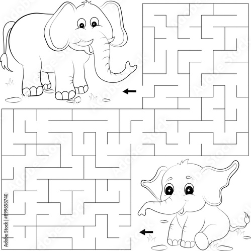 Labyrinth or maze game. Puzzle for kids. Help the elephant find his parent