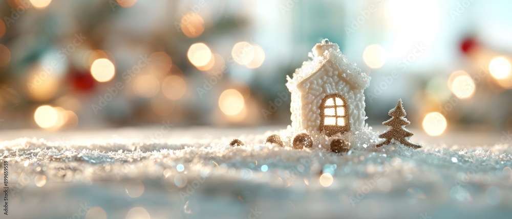 Charming miniature house covered in snow, surrounded by twinkling lights, evoking a magical winter wonderland ambiance.
