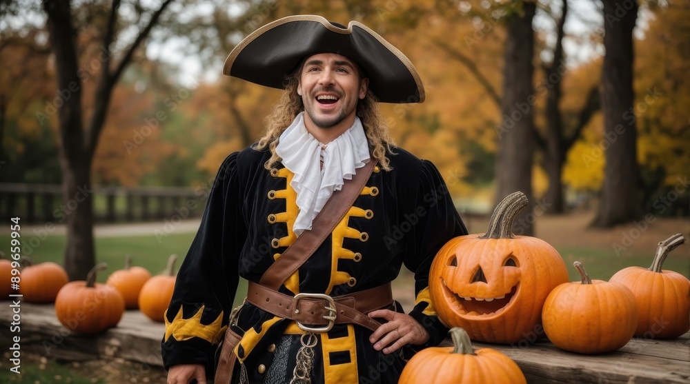 A man dressed as a pirate stands among carved pumpkins in a park during fall, smiling and enjoying the Halloween festivities. A man dressed as a pirate stands among carved pumpkins in a park during fall, smiling and enjoying the Halloween festivities.