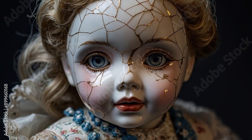 Close-up of a vintage porcelain doll with cracked face and deep blue eyes, creating an eerie, antique, and haunting visual. photo