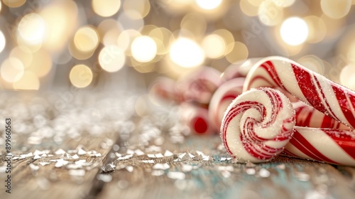 Close-up of festive candy canes on a wooden surface, sparkling with decorative bokeh lights, perfect for holiday celebrations.