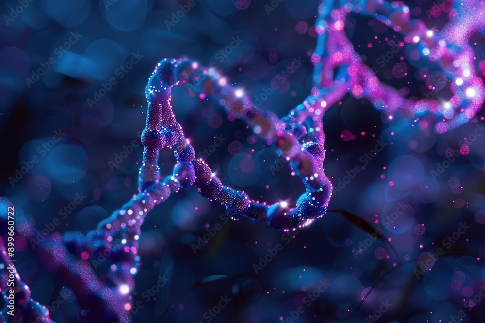 Glowing Double Helix DNA Strand in a Blue Bokeh Background