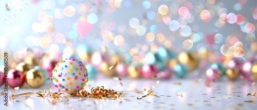 Colorful celebration scene featuring a decorated egg surrounded by festive ornaments and shimmering bokeh lights.