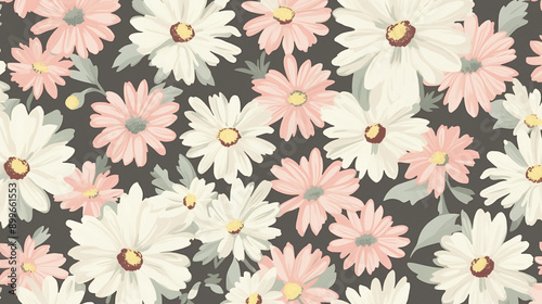 Retro vintage daisy floral pattern in pastel pink, sage green and cream on a grey background.seamless patterns, background, wallpaper.