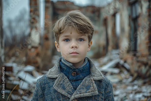 Homeless poor sad child kid in city park ruined town forest lawn all alone, Generative AI lost child photo