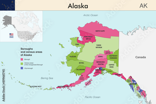 Alaska state map with boroughs and census areas borders. Alaska's at-large congressional district. Flag of Alaska. Vector