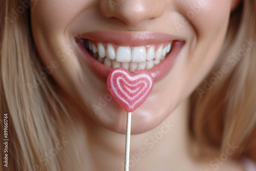 AI generated close up photo of woman with healthy white teeth hold candy
