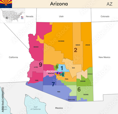 Arizona state map with counties borders and colored congressional districts boundaries due to The 2020 United States census and which is valid since 2023. Flag of Arizona. Vector