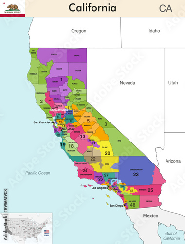 Obraz na płótnie California state map with counties borders and colored congressional districts boundaries due to The 2020 United States census and which is valid since 2023. Flag of California. Vector w salonie
