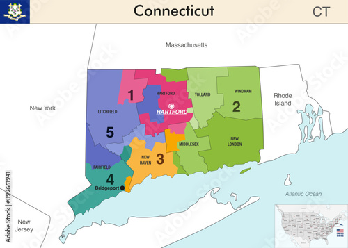 Connecticut state map with counties borders and colored congressional districts boundaries due to The 2020 United States census and which is valid since 2023. Flag of Connecticut. Vector