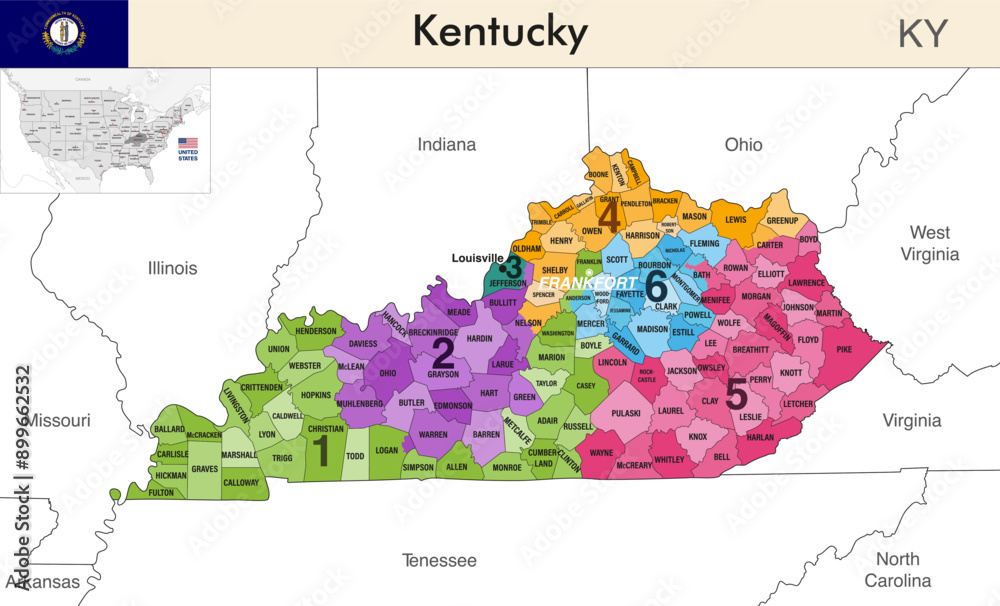 Kentucky state map with counties borders and colored congressional districts boundaries due to The 2020 United States census and which is valid since 2023. Flag of Kentucky. Vector