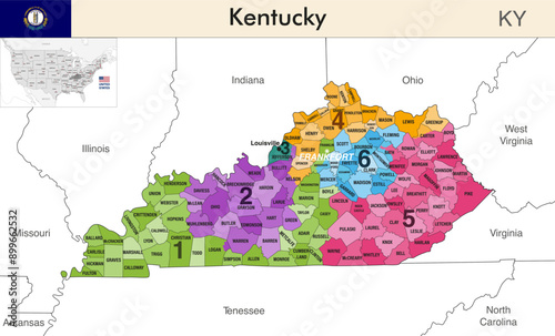 Obraz na płótnie Kentucky state map with counties borders and colored congressional districts boundaries due to The 2020 United States census and which is valid since 2023. Flag of Kentucky. Vector w salonie