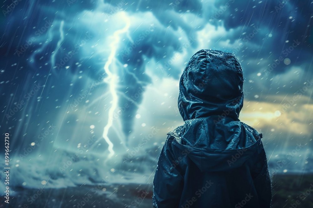 Scary storm day, person in danger under tsunami storm thunderstorm lightning, Generative AI Scary storm day, person in danger under tsunami storm thunderstorm lightning, Generative AI