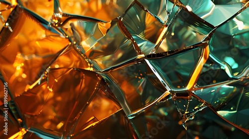 An artistic close-up of metallic glass shards, reflecting light and creating a complex interplay of sharp edges and reflective surfaces in golden and bronze hues.