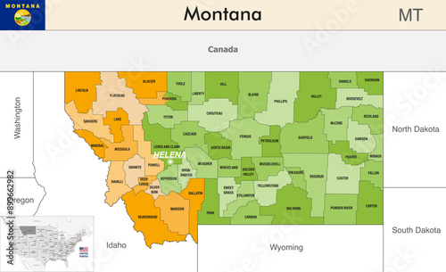 Montana state map with counties borders and colored congressional districts boundaries due to The 2020 United States census and which is valid since 2023. Flag of Montana. Vector