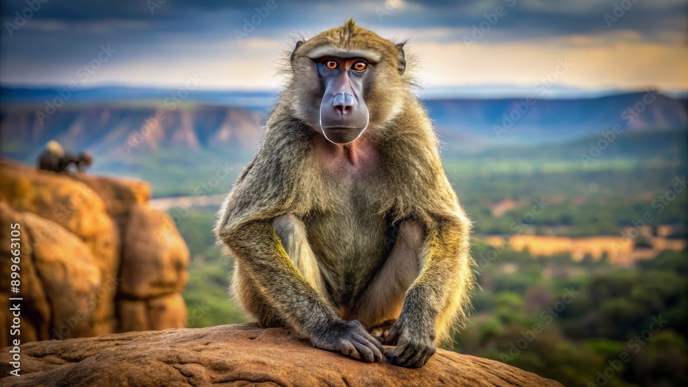 Obraz premium Ages-old, rugged, grey-furred baboon with piercing eyes, sitting atop rocky outcropping, African savannah landscape in background.