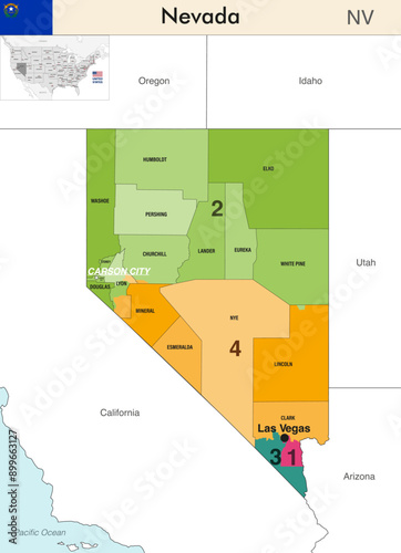 Nevada state map with counties borders and colored congressional districts boundaries due to The 2020 United States census and which is valid since 2023. Flag of Nevada. Vector