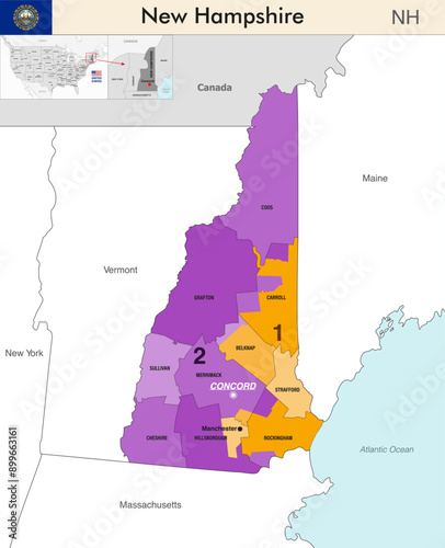 New Hampshire state map with counties borders and colored congressional districts boundaries due to The 2020 United States census and which is valid since 2023. Flag of New Hampshire. Vector