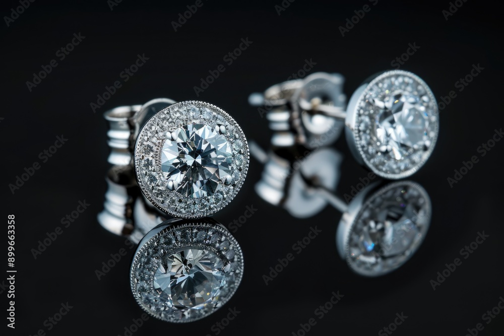 Two Diamond Earrings with a Halo Setting on a Black Surface Two Diamond Earrings with a Halo Setting on a Black Surface