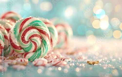 Colorful peppermint swirls adorned with sparkling sugar create a delightful festive atmosphere for the holiday season.