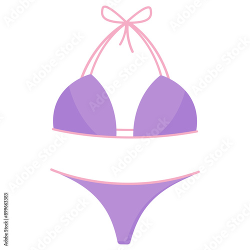 Stylish purple bikini with pink ties for summer beach vacation. Fashionable women's swimsuit in flat style. Vector illustration. Isolated on white background. photo