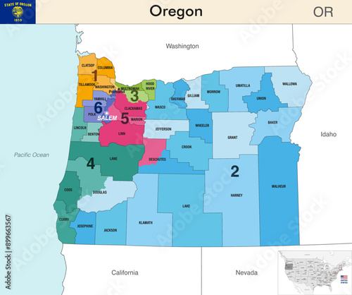 Oregon state map with counties borders and colored congressional districts boundaries due to The 2020 United States census and which is valid since 2023. Flag of Oregon. Vector