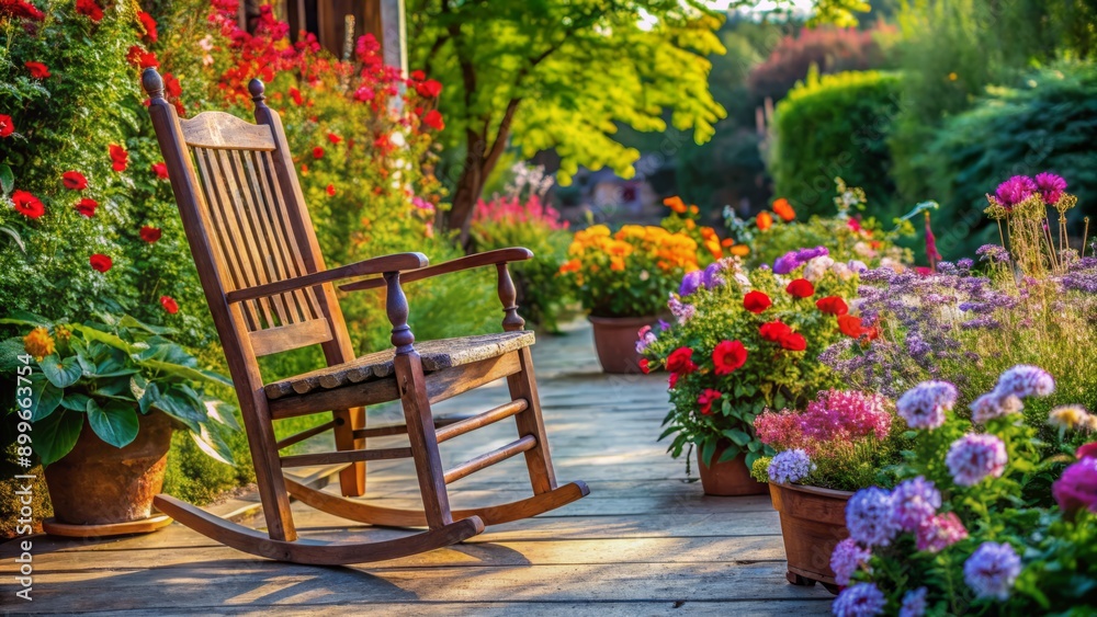 Obraz premium Vibrant blooming flowers surround a worn, wooden rocking chair with a vacant, yet inviting, space on a serene outdoor patio scene.