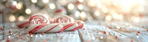 Cozy holiday scene featuring peppermint candies on wooden surface with beautiful bokeh lights in the background.