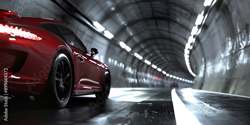 Busy Subway Platform with Modern Lighting, Illuminated Tunnel with a Moving Car.

