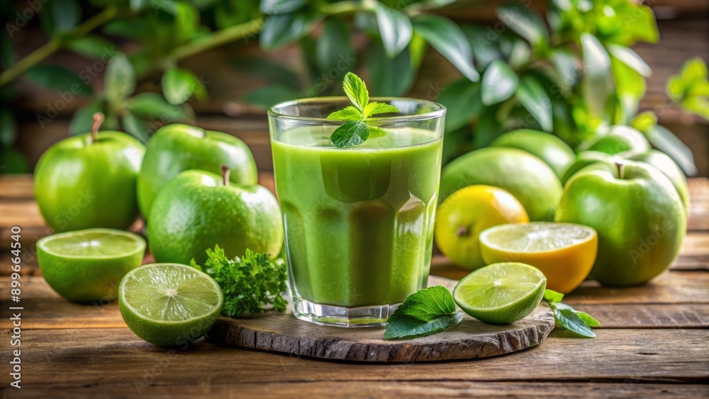 Fototapeta premium Freshly squeezed green juice in a sleek glass, surrounded by lush foliage, green apples, and vibrant lime wedges on a wooden table.