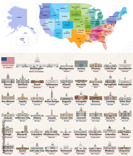 Map of the United States with regions, divisions and all state capitals on it. All state capitols of the United States. Detailed vector isolated icons of all capitol buildings. Vector set