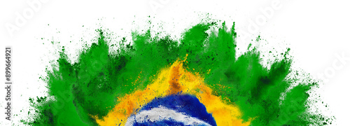 colorful brazilian flag green yellow blue color holi paint powder explosion isolated white background. Brazil south america celebration soccer and travel tourism concept.