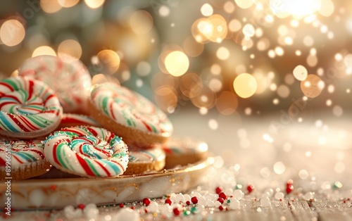 Deliciously colorful holiday cookies arranged on a festive plate, surrounded by sparkling lights and cheerful decorations.