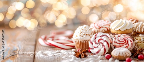 Delicious assortment of festive cookies and candies perfect for a holiday celebration, beautifully presented on a rustic wooden table.