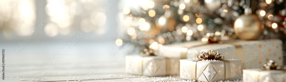 Elegant Christmas gifts adorned with bows, placed by a beautifully decorated tree, capturing the festive spirit of the season. Elegant Christmas gifts adorned with bows, placed by a beautifully decorated tree, capturing the festive spirit of the season.